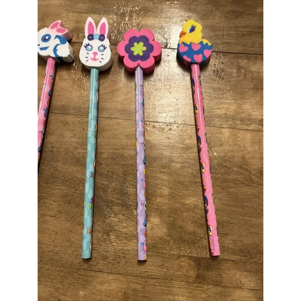 Vintage Lisa Frank Lot 6 NOS Pencils With Toppers Chick Egg Bear Egg Flower 90s